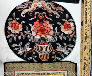 Five (5) Antique Chinese Silk Embroidered Panels and Table Runner. 