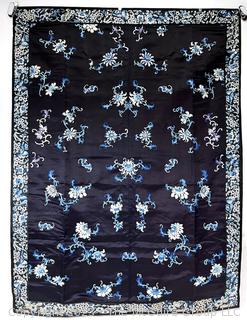 Antique Chinese Qing Embroidered Silk on Satin Panel in Midnight Blue.  34" x 46"