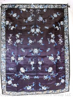 Antique Chinese Qing Embroidered Silk on Satin Panel in Midnight Blue.  34" x 46"