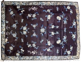 Antique Chinese Qing Embroidered Silk on Satin Panel in Midnight Blue.  34" x 46"