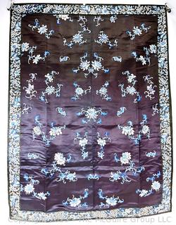 Antique Chinese Qing Embroidered Silk on Satin Panel in Midnight Blue.  34" x 46"