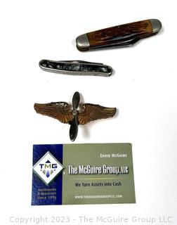 WWII U.S. Army Aircorps Aviator Pin &2 Pocket Knives 