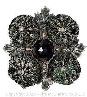 Large Silver Cabochon Garnet and Pearl Filigree Brooch 