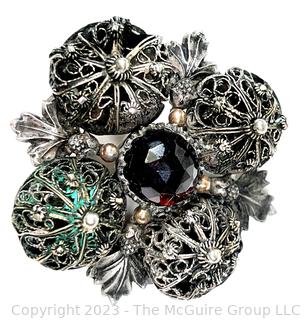 Large Silver Cabochon Garnet and Pearl Filigree Brooch 