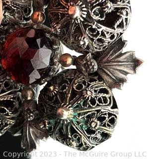 Large Silver Cabochon Garnet and Pearl Filigree Brooch 