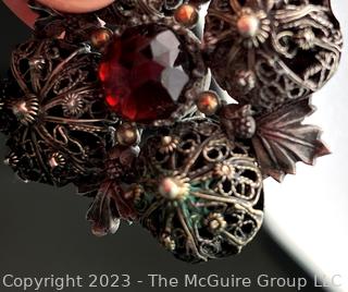 Large Silver Cabochon Garnet and Pearl Filigree Brooch 