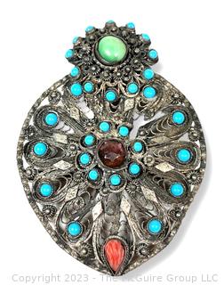 Turquoise & Semi Precious Stone Set Silver Wirework Filigree Brooch