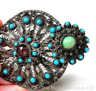 Turquoise & Semi Precious Stone Set Silver Wirework Filigree Brooch