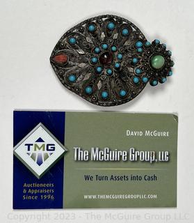 Turquoise & Semi Precious Stone Set Silver Wirework Filigree Brooch