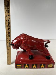 Red Ceramic Chinese Lucky Wealth Bull Statue.  9" x 11" x 5"