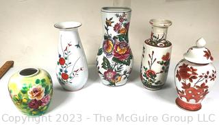 Five (5) Asian Painted Porcelain Vases and Ginger Jar