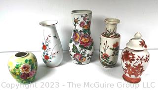 Five (5) Asian Painted Porcelain Vases and Ginger Jar