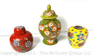 Three (3) Hand Painted Asian Porcelain Ginger Jars.  One missing lid