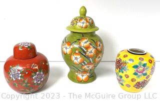 Three (3) Hand Painted Asian Porcelain Ginger Jars.  One missing lid