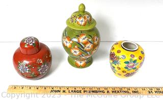 Three (3) Hand Painted Asian Porcelain Ginger Jars.  One missing lid