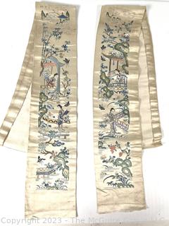 Two (2) Vintage Chinese Hand Stitched Silk on Satin Panels.  4" x 36"