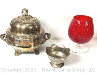 Red Mid Century Hand Blown Glass Snifter and Two (2) Silver Plate Serving Bowls. 
