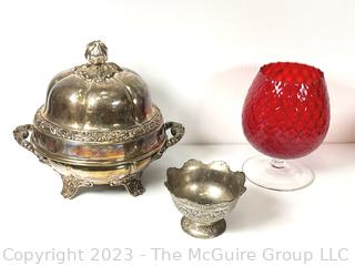 Red Mid Century Hand Blown Glass Snifter and Two (2) Silver Plate Serving Bowls. 
