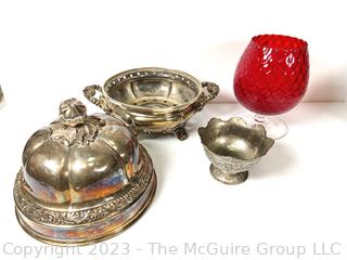 Red Mid Century Hand Blown Glass Snifter and Two (2) Silver Plate Serving Bowls. 
