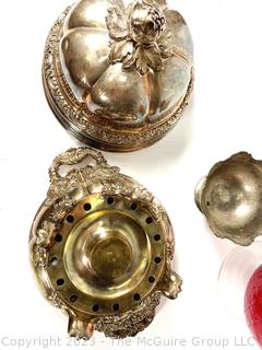 Red Mid Century Hand Blown Glass Snifter and Two (2) Silver Plate Serving Bowls. 
