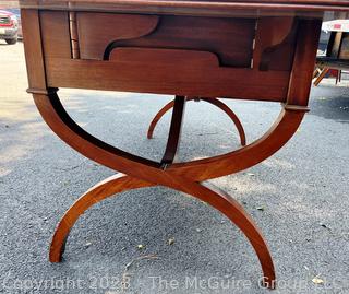 Federal Gate Leg Library Writing Desk with Green Leather Top with Gilt Decoration and Lyre Base.  78" long when expanded, 52" long when closed, 28" wide & 28" tall. 