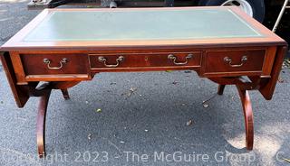 Federal Gate Leg Library Writing Desk with Green Leather Top with Gilt Decoration and Lyre Base.  78" long when expanded, 52" long when closed, 28" wide & 28" tall. 