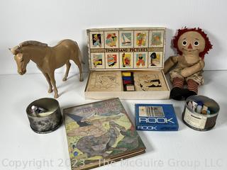 Collection of Vintage Toys and Raggedy Ann Doll