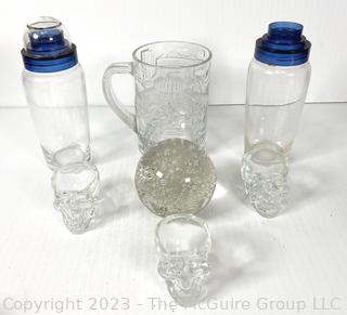 Collection of Glassware Including Cocktail Shakers and Paperweight