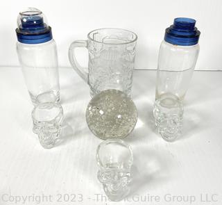 Collection of Glassware Including Cocktail Shakers and Paperweight