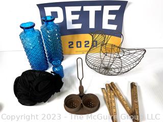 Group of Collectibles Including Mid Century Glass, Egg Basket and Campaign Sign