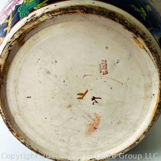 Chinese Hand Painted on Blue Ground Porcelain Koi Fish Bowl with Wood Stand. 20" tall with Stand and 14" diameter.