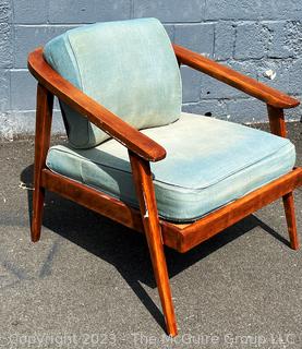 Mid Century Modern Spindle Back Lounge Chair with Blue Cushions