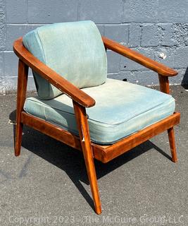 Mid Century Modern Spindle Back Lounge Chair with Blue Cushions