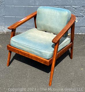 Mid Century Modern Spindle Back Lounge Chair with Blue Cushions