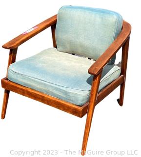 Mid Century Modern Spindle Back Lounge Chair with Blue Cushions