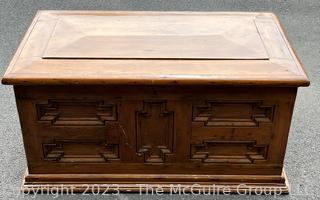 Antique English 17th Century Oak Geometric Mule Chest or Blanket Box Trunk. 22" tall, 26" wide and 45" long.