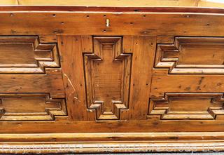 Antique English 17th Century Oak Geometric Mule Chest or Blanket Box Trunk. 22" tall, 26" wide and 45" long.