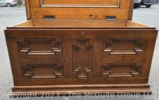 Antique English 17th Century Oak Geometric Mule Chest or Blanket Box Trunk. 22" tall, 26" wide and 45" long.