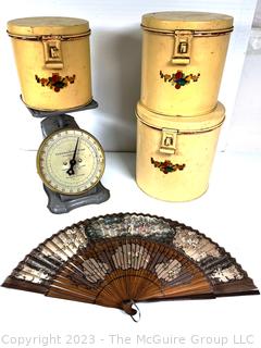 Scale, Japanese Hand Fan and Metal Painted Canister Set. 