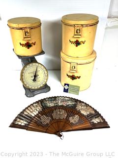 Scale, Japanese Hand Fan and Metal Painted Canister Set. 