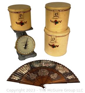 Scale, Japanese Hand Fan and Metal Painted Canister Set. 