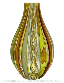 Hand Blown Yellow Raised Cane Ribbon Glass Vase Signed by Artist.  8" tall. 