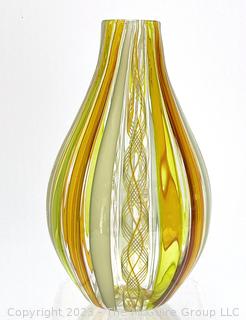 Hand Blown Yellow Raised Cane Ribbon Glass Vase Signed by Artist.  8" tall. 