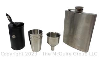 Travel Flask with Funnel and Stackable Cups in Leather Case