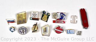 Group of Pin Backs and Pocket Knife