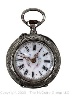 Antique Silver Ladies Pocket Watch with Floral Engraved and Fancy Dial