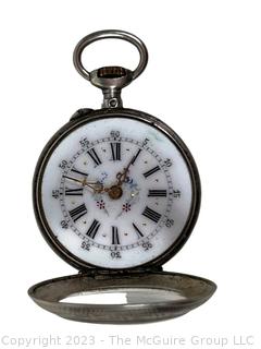 Antique Silver Ladies Pocket Watch with Floral Engraved and Fancy Dial