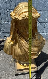 Large Cast Metal Veiled Maiden Madonna Bust Head Statue   34" tall 23" wide.