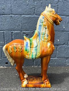 Large Chinese Tang Dynasty-Style Sancai Glazed Ceramic War Horse.  This is the first of two being offered in this auction.  36"