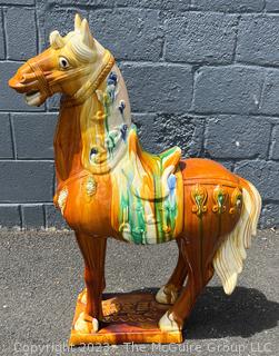 Large Chinese Tang Dynasty-Style Sancai Glazed Ceramic War Horse.  This is the first of two being offered in this auction.  36"